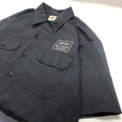 【美品】Dickies 企業ロゴ刺繍 ワークシャツ 半袖 ブラック メンズL