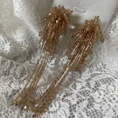 ローズゴールドビーズフリンジロングイヤリング　ブライダルアクセサリーハンドメイド
