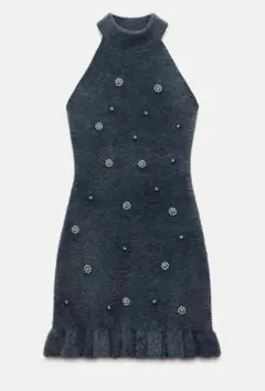 ダークグレー ビーズ装飾 ハイネックミニワンピース ZARA風