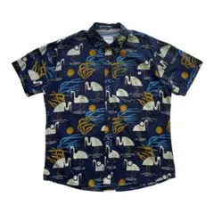 鳥柄 コットンシャツ 総柄 デザインシャツ半袖シャツ ヴィンテージ 古着 L 紺