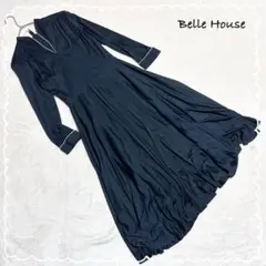 【ベルハウス】 ワンピース ロング丈 フレア 濃紺 昭和レトロ 長袖 Vネック