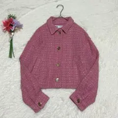 ザラ ツイード クロップド ジャケット L相当 ピンク 金ボタン オーバーサイズ