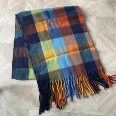 チェック柄マフラー マルチカラー フリンジ付き　大判
