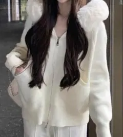 Shein ファー付きニットカーディガン ホワイト
