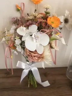 春色 造花ウエディングブーケ ブートニア オレンジ ホワイト ピンク