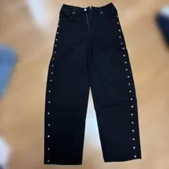 サイドボタン デニムパンツ ブラック ワイド ストレート
