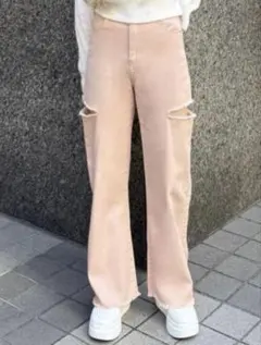 Clearサイドスリットデニムパンツ ピンク