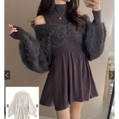 2Wayオフショルダーグレーニットワンピース