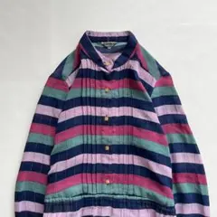 昭和レトロ マルチボーダー ピンタック風 長袖ワンピース ロング丈 ネイビー