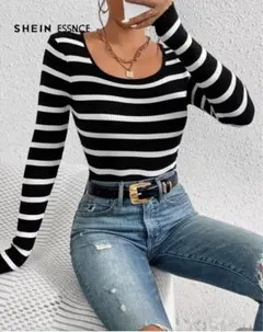 ストライプパターンラウンドネックセーター