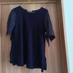 ネイビー 五分袖 トップス ドット柄