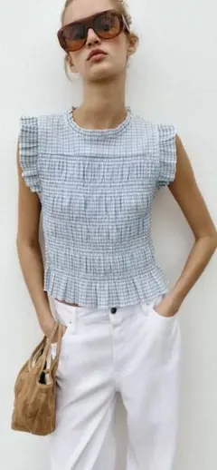 完売ZARA ギンガムチェック柄 スモッキング トップス 半袖 - メルカリ