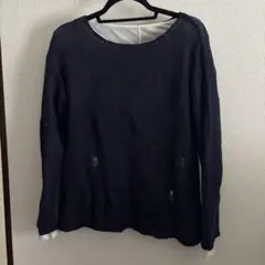 ネイビー 透かし編み 長袖ニット・ホワイトトップスセット