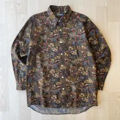 総柄ヴィンテージ長袖ブラウス(L L相当)ネイビー トロミシャツ 個性派 