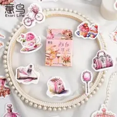 【A13】シール 46枚 ステッカー アンティーク 桃色 ピンク コラージュ素材