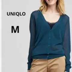 美品 UNIQLO M ブルー ライトVネックカーディガン シアー感 薄手