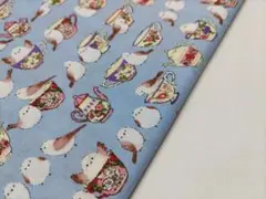 FUWARI　染布　シマエナガのティータイム　水色　1m　スケアープリント