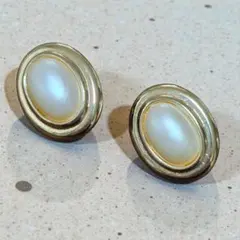 昭和レトロ ゴールド オーバル型 イヤリング パール