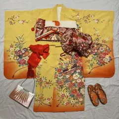 七五三　5歳　7歳　黄色　生絹　花柄　フルセットアンティーク