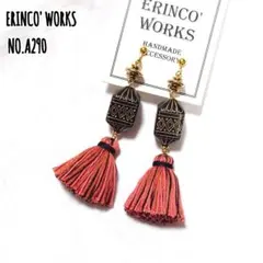 ★A290 タッセル ピアス オレンジ ブラック【イヤリングへ変更可能】