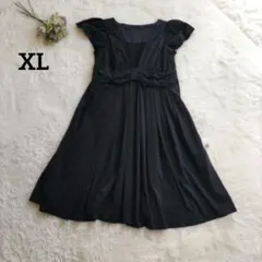 L.H　フレンチスリーブ　レース切り替え膝丈プリーツフレアワンピース　黒　XL