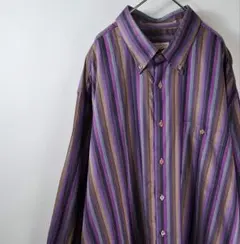 長袖シャツ ストライプ マルチカラー XL相当 大きめ ゆったり 紫 海外古着