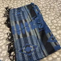 アジアン柄の巻きスカート＆マフラー 2way使い ストール 青系 フリンジ付き