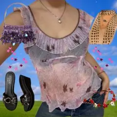 rebecca taylor キャミソール　シースルー　妖精柄　フリル　紫❤︎のサムネイル