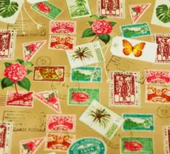 プリント生地　切手　花　レトロ　90×107　アメリカ　USAコットン　輸入生地
