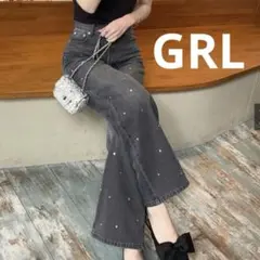 【GRL】グレイル パール付き デニム ワイドパンツ ブラック 黒 M 綿100
