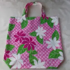 ハンドメイド エコバッグ ハワイアン ピンク&グリーン 一枚仕立て