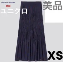 ユニクロ イネス ツイストプリーツロングスカート チェック ネイビー XS