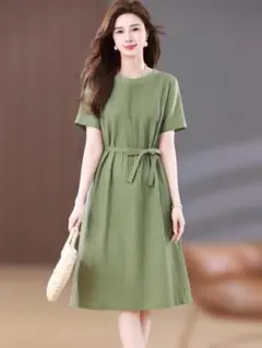 半袖 ロングワンピース グリーン ウエストリボン855