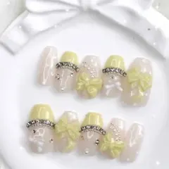 412現品ネイルチップ フレンチガーリー 量産型 黄色 ラメ ちゅるん ワンホン