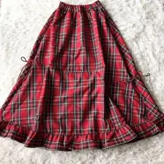 未使用級✨kutir クティール チェックロングフレアスカート リボン 赤 Ｆのサムネイル