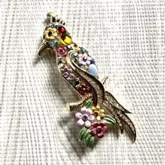 新品未使用 ラインストーン エナメル﻿ オウム フラワー ブローチ 花 鳥