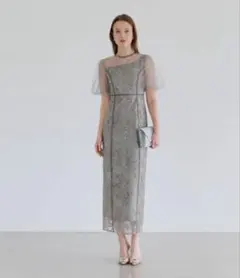 LEJA アシンメトリーシアーフラワーワンピースドレス グレー　Sサイズ