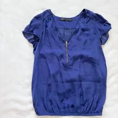 ZARA BASIC ネイビー トップス　フロントジップ付き　シフォンブラウス