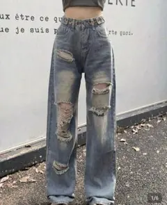 SHEIN 　ダメージ加工 ワイドストレートデニム ブルー