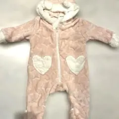 80タグ付きもこもこうさぎくま？ピンクカバーオールつなぎ耳付きハート星ロンパース