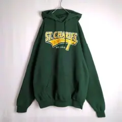 パーカー (XL) スウェット 両面プリント 大きい ゆるダボ 深緑色系 古着