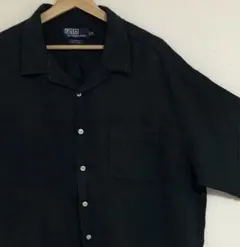 黒リネン100%完全無地90sポロ ラルフローレン オープンカラー 開襟 シャツ