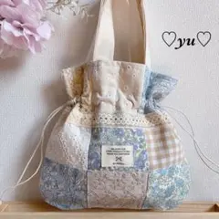 *10 巾着ハンドバッグ 手提げ ポシェット パッチワーク 淡色 レース 春