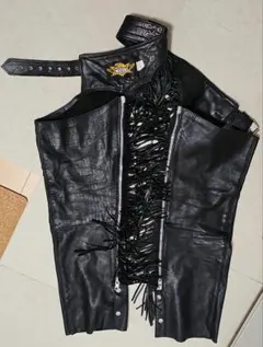 70s イーストウエスト レザーチャップス ボーンビーズ フリンジ 4XL