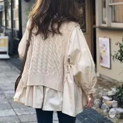 ニット切替フレアシャツ ベージュ アイボリー