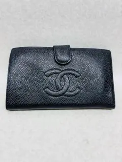 D0102A）CHANEL キャビアスキン がま口 長財布 ブラック黒 シャネル