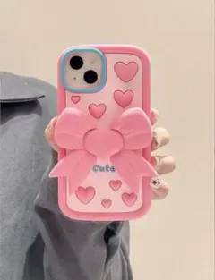 iPhone13ケース ピンク リボン ハート 立体デザイン シリコン