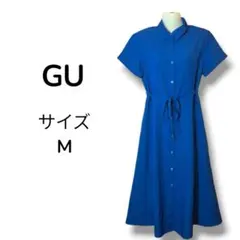【美品】GU ジーユー カラー シャツ ワンピース 半袖 ブルー M 紐付き