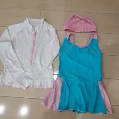 青 ピンク フレアスカート水着&ラッシュガード&キャップ