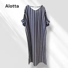 Alotta ロングワンピース M 紺 ストライプ 袖フリル ゆったりレディース